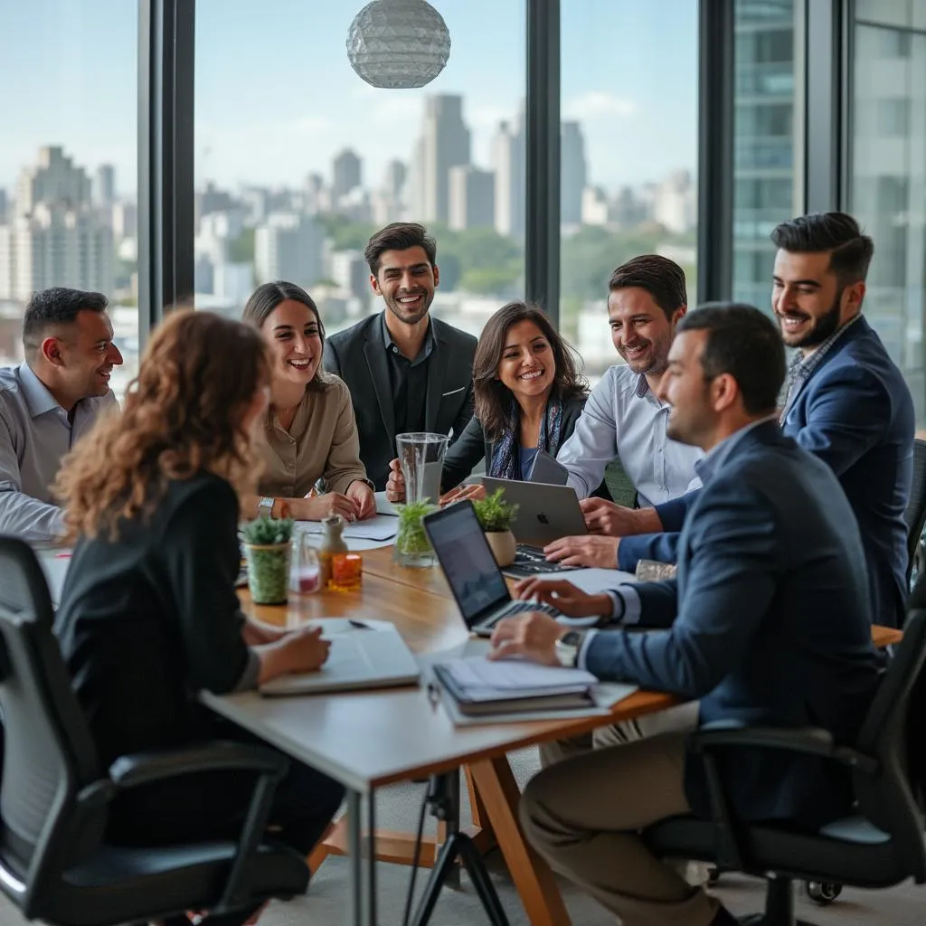 Equipo de asesores financieros en Argentina discutiendo estrategias